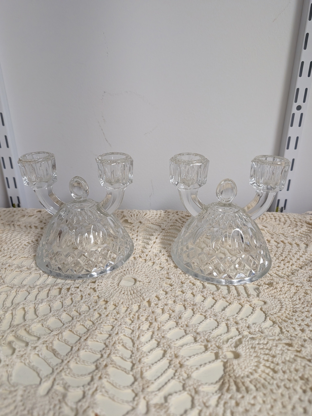 Vintage Crystal 2-Arm Double Candlestick Holders Set